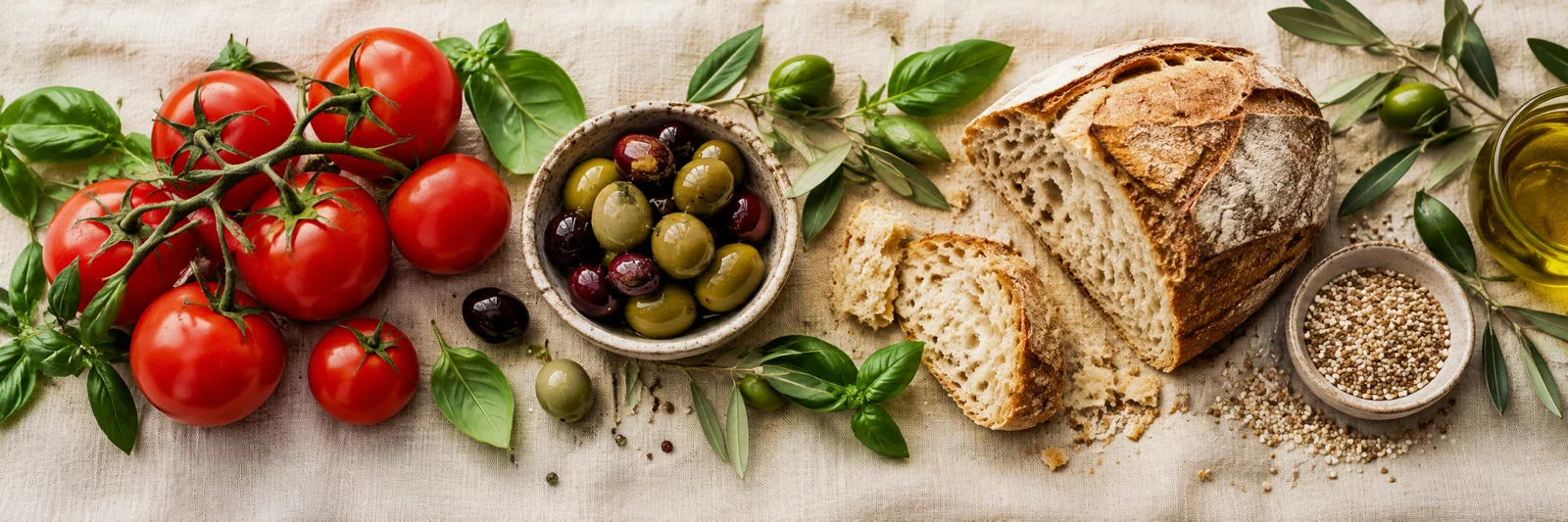 Tomatoes, olives, herbs and bread arranged across a cream table